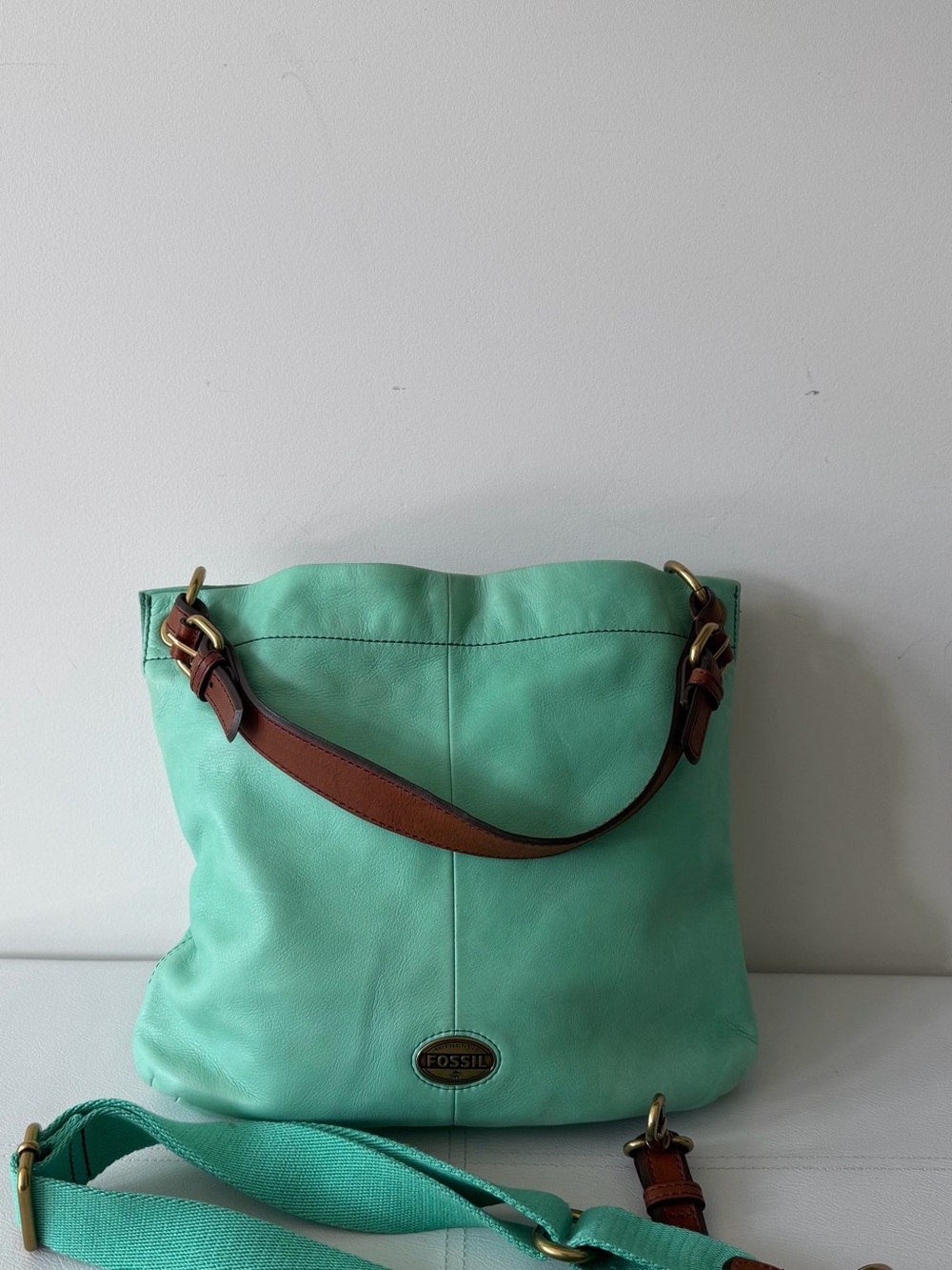 Fossil Aqua Green Leather Shoulder Bag with Brown Trim